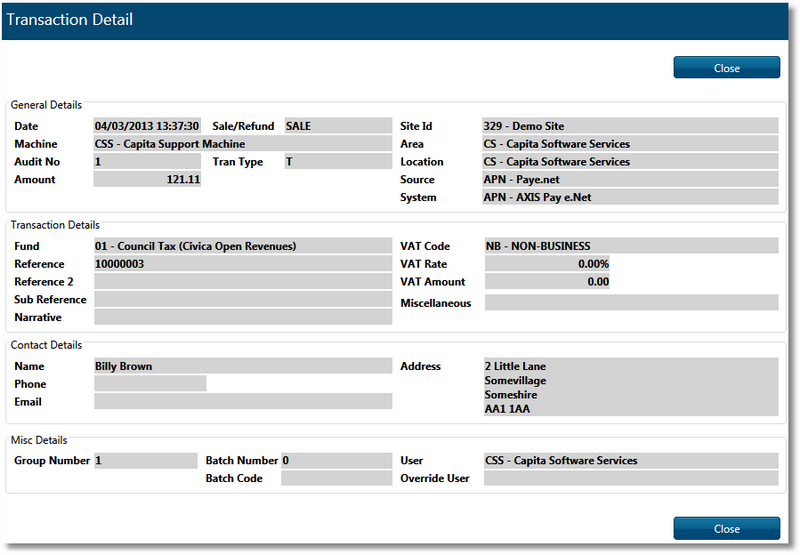 A popup screen appears, showing all the information of the transaction. &nbsp;Press CLOSE to exit the screen