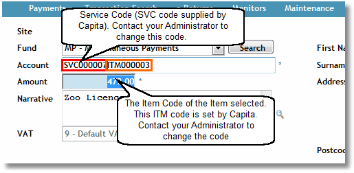 A default Amount and Narrative is populated (if programmed). These values can be changed if required. 