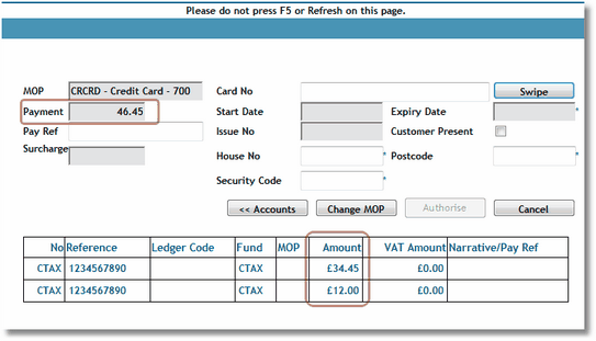 The total of all the transactions in the grid is displayed in the Payment field. This can be edited if you are paying with more than one Method of Payment (eg, £10 cash and the remaining £36.45 by card)