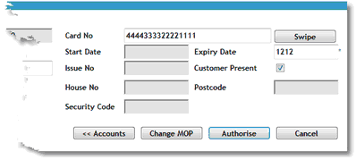 Enter the card number (16 digit number on the front of the card)  The required fields for the type of card will automatically activate and grey out the other fields Complete all other details in the available fields; eg expiry date, issue number. 