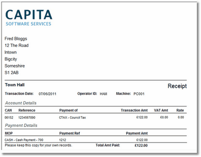 A Cash Receipt including Customer Address