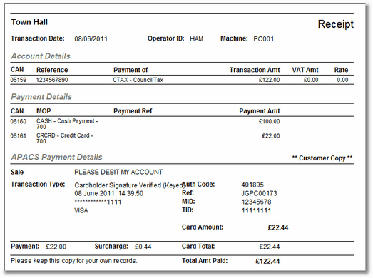 A Receipt showing multiple methods of payment.