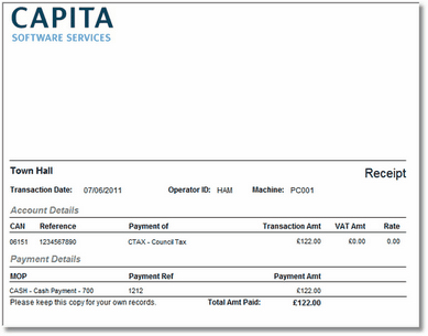 A Cash Receipt without customer address details.