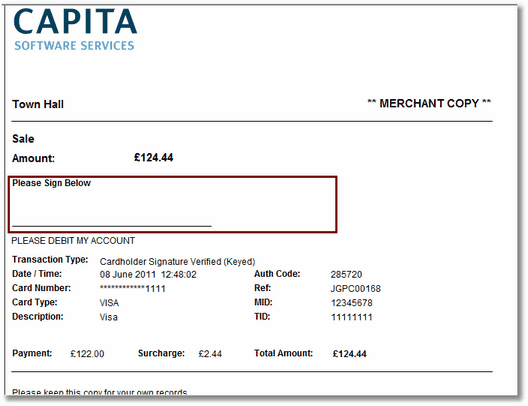 A Signature Receipt - Merchant Copy. Customer to sign where shown.