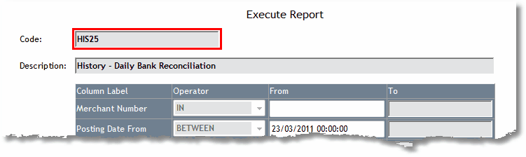 An example of the Report Code of each report. This is displayed after you have selected the report type and before displaying the report. 