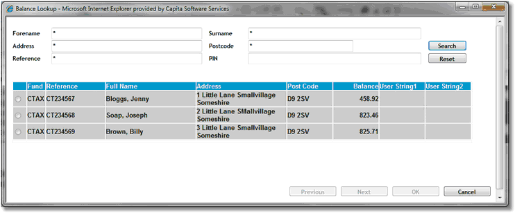 To Select a Customer, Click the radio button next to the customer to select them (far left column) and click the OK button.  The customer details will be populated onto the Account Entry screen