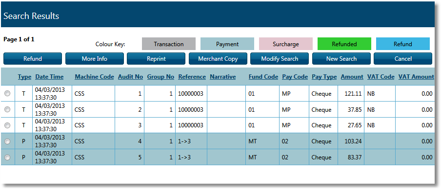 Any transactions matching your criteria will be displayed. Click any of the options above for a further explanation of the functions