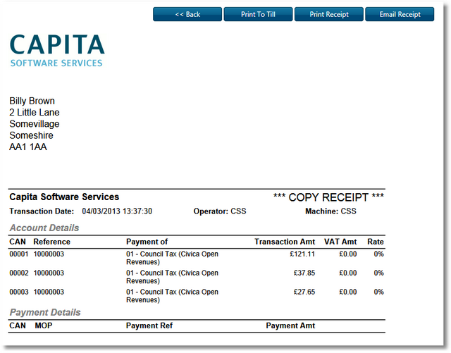 The receipt will appear on-screen. Note the receipt clearly states COPY RECEIPT.