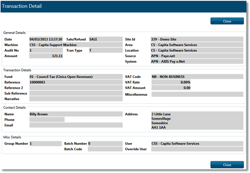 A popup screen appears, showing all the information of the transaction.  Press CLOSE to exit the screen